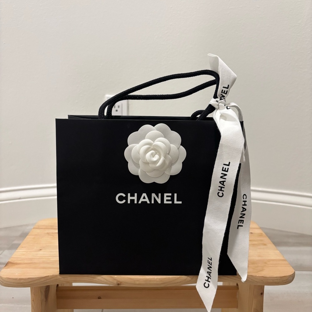 Small CHANEL Paper Shopping Gift Bag with Camellia and Ribbon